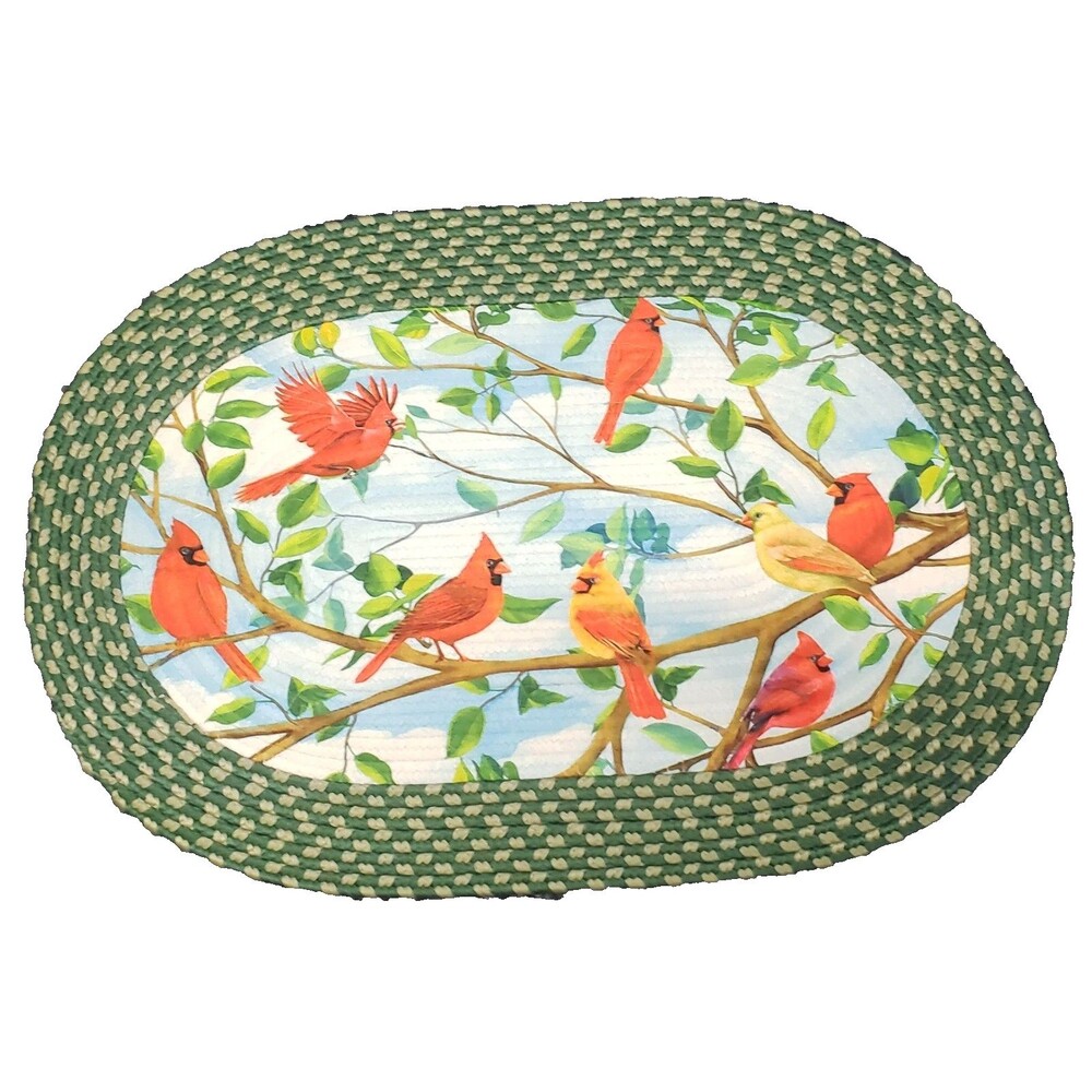 Oval Braided Kitchen Accent Rug(20"x30") LEAVES & CARDINAL BIRDS BRANCH,green,CE